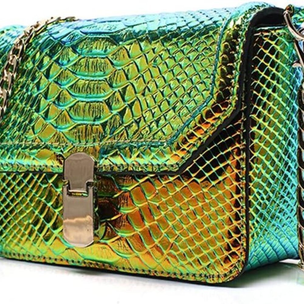 Hologram Snake Skin Leather Shoulder Bag Crossbody Bag with Chain